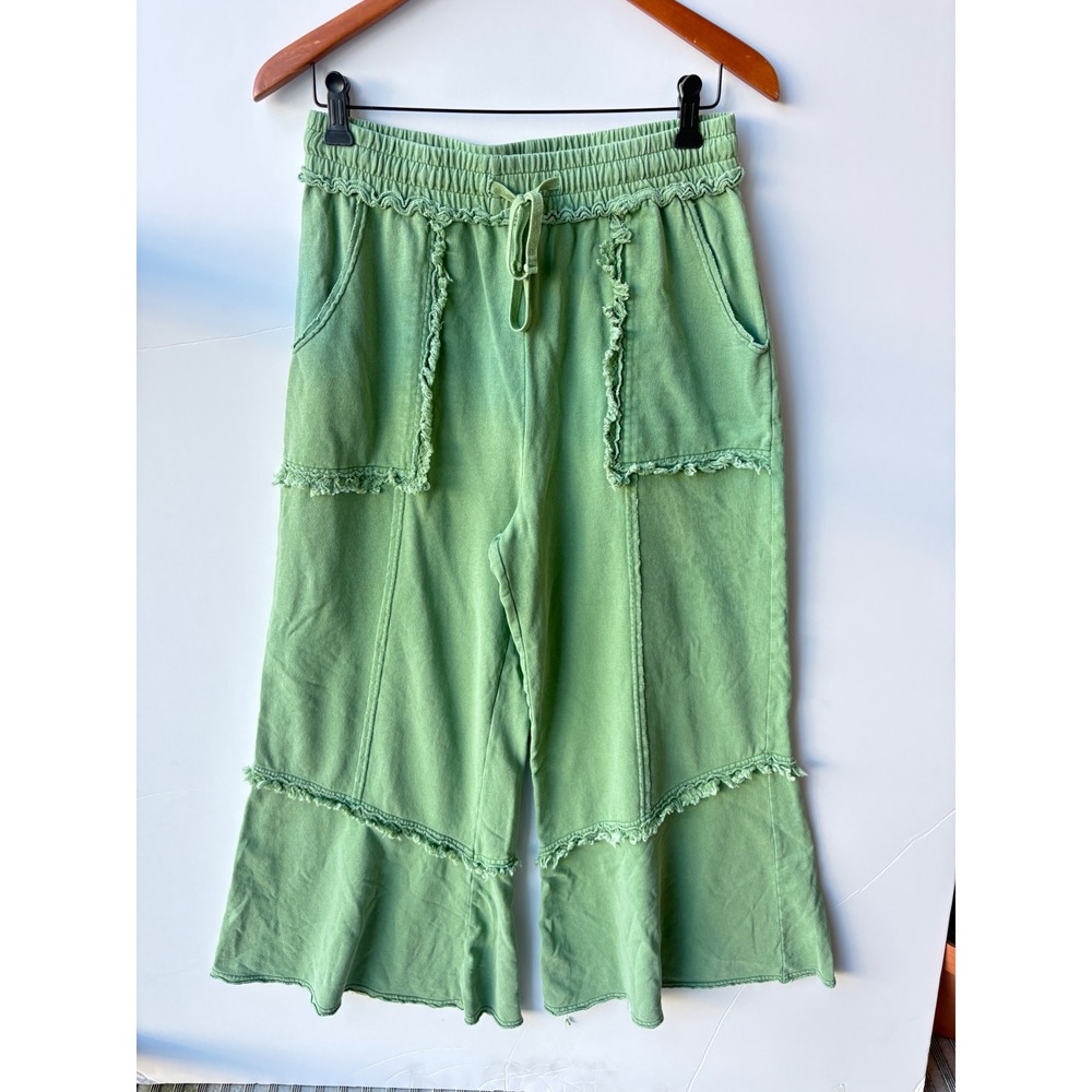 Easel Mineral Wash Wide Leg Lounge Pants Ruffle Raw Edge Fringe Sage Green Boho